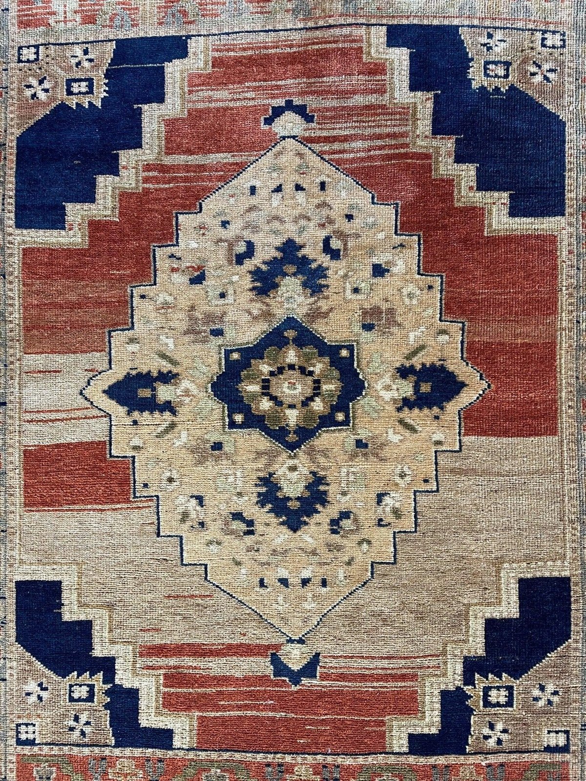 Vintage Turkish Oushak Rug 4x5 | Rust, Beige & Navy | Hand-Knotted Wool - Rugistan, view 2