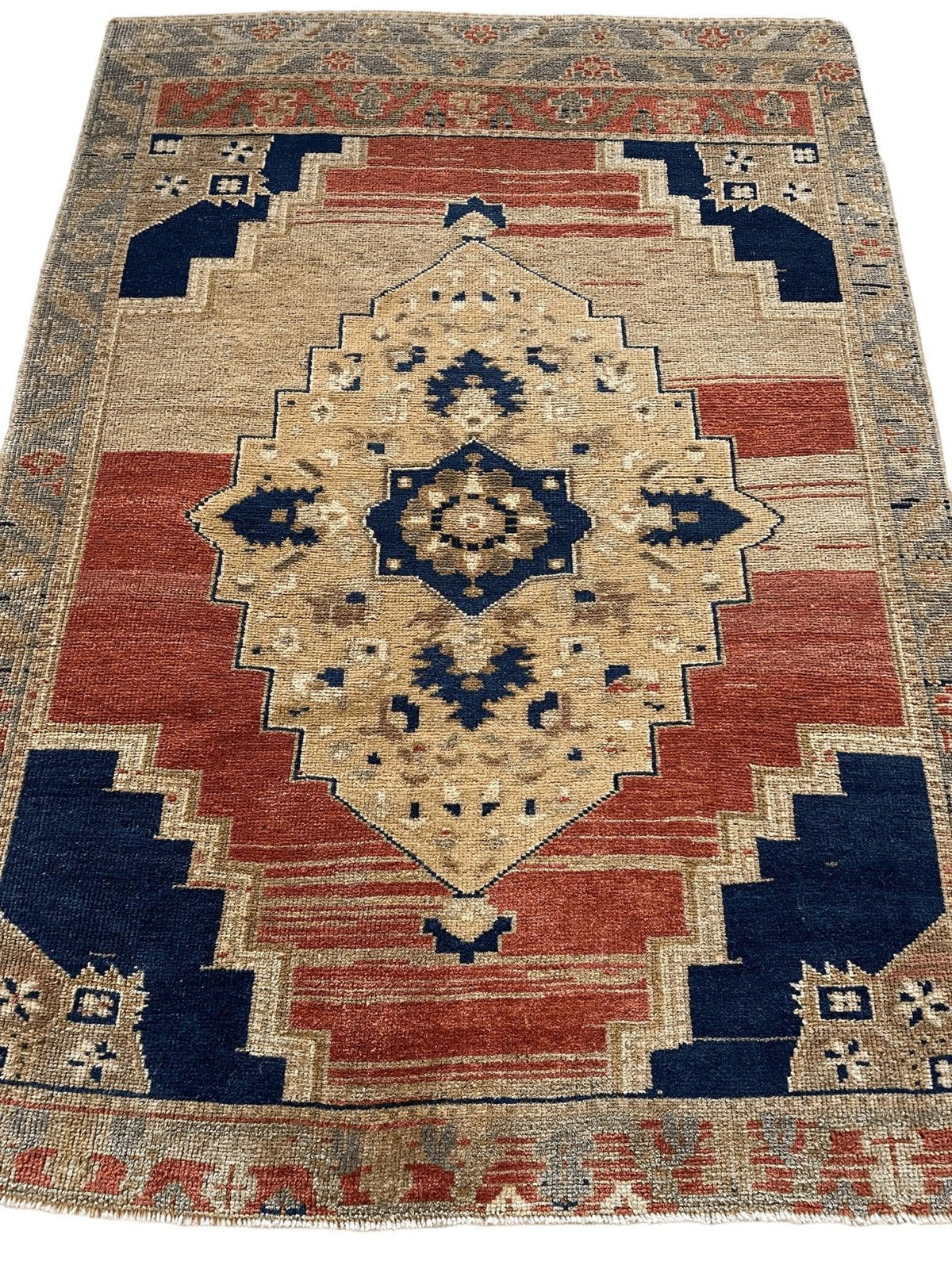 Vintage Turkish Oushak Rug 4x5 | Rust, Beige & Navy | Hand-Knotted Wool - Rugistan, view 4