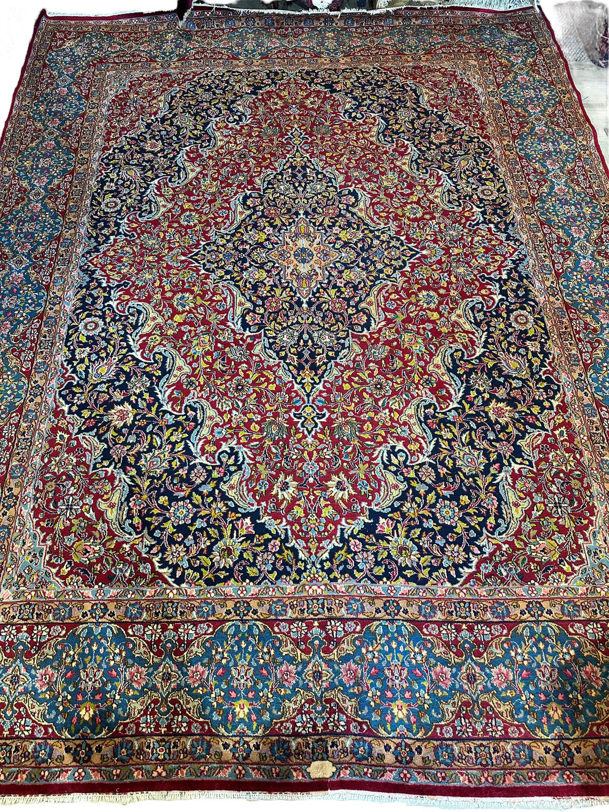 Vintage Persian Rug 10x13 | Red, Navy & Light Blue | Hand-Knotted Wool - Rugistan