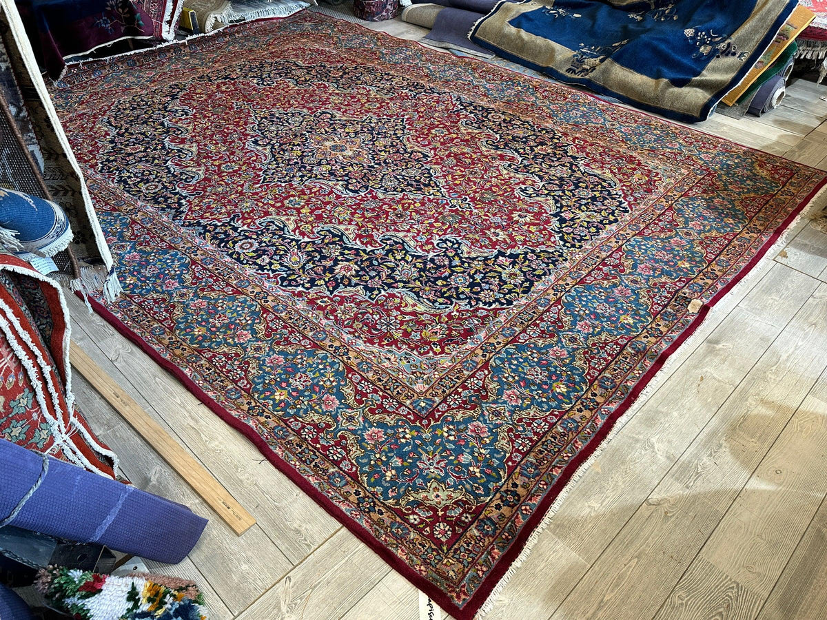 Vintage Persian Rug 10x13 | Red, Navy & Light Blue | Hand-Knotted Wool - Rugistan, view 11