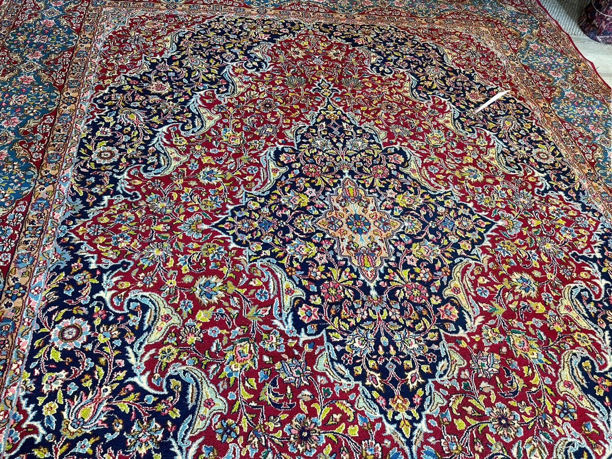 Vintage Persian Rug 10x13 | Red, Navy & Light Blue | Hand-Knotted Wool - Rugistan, view 17