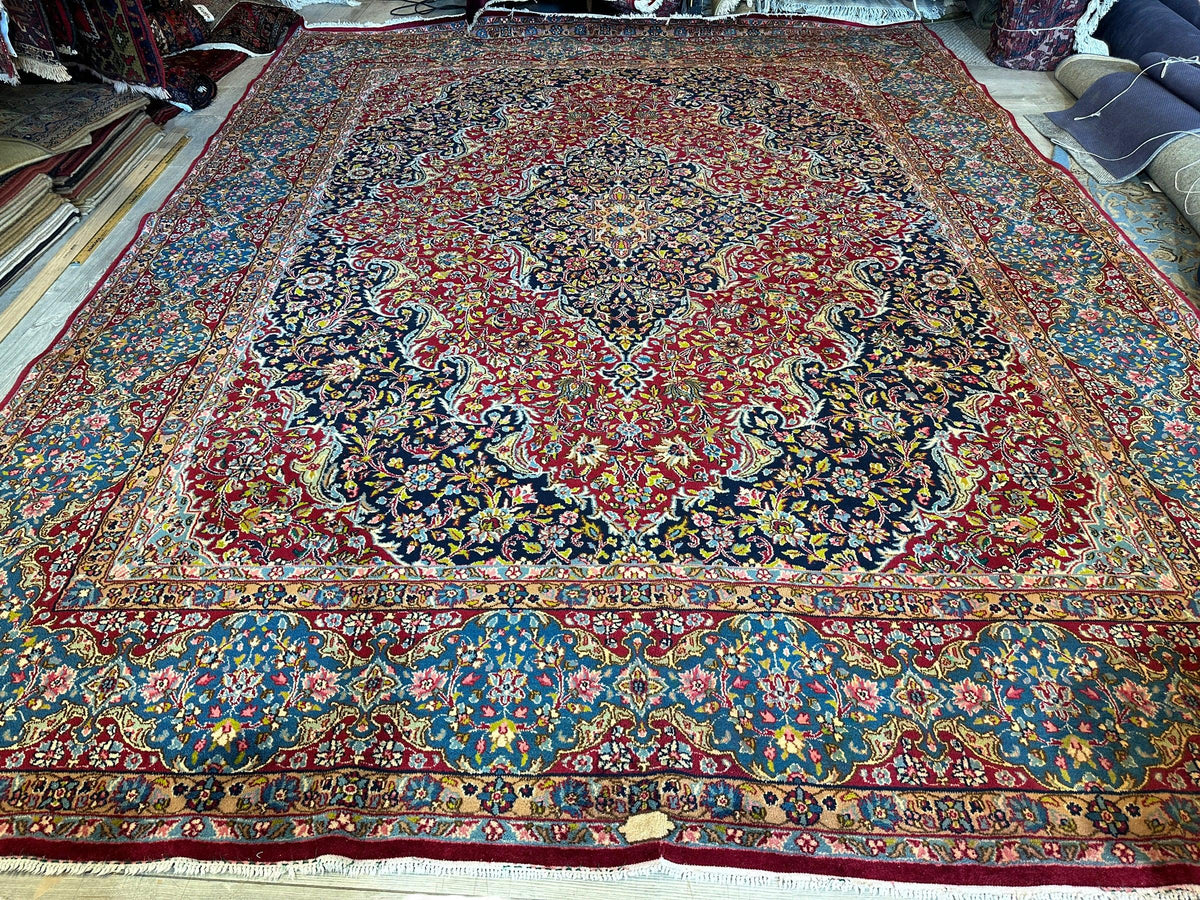 Vintage Persian Rug 10x13 | Red, Navy & Light Blue | Hand-Knotted Wool - Rugistan, view 2