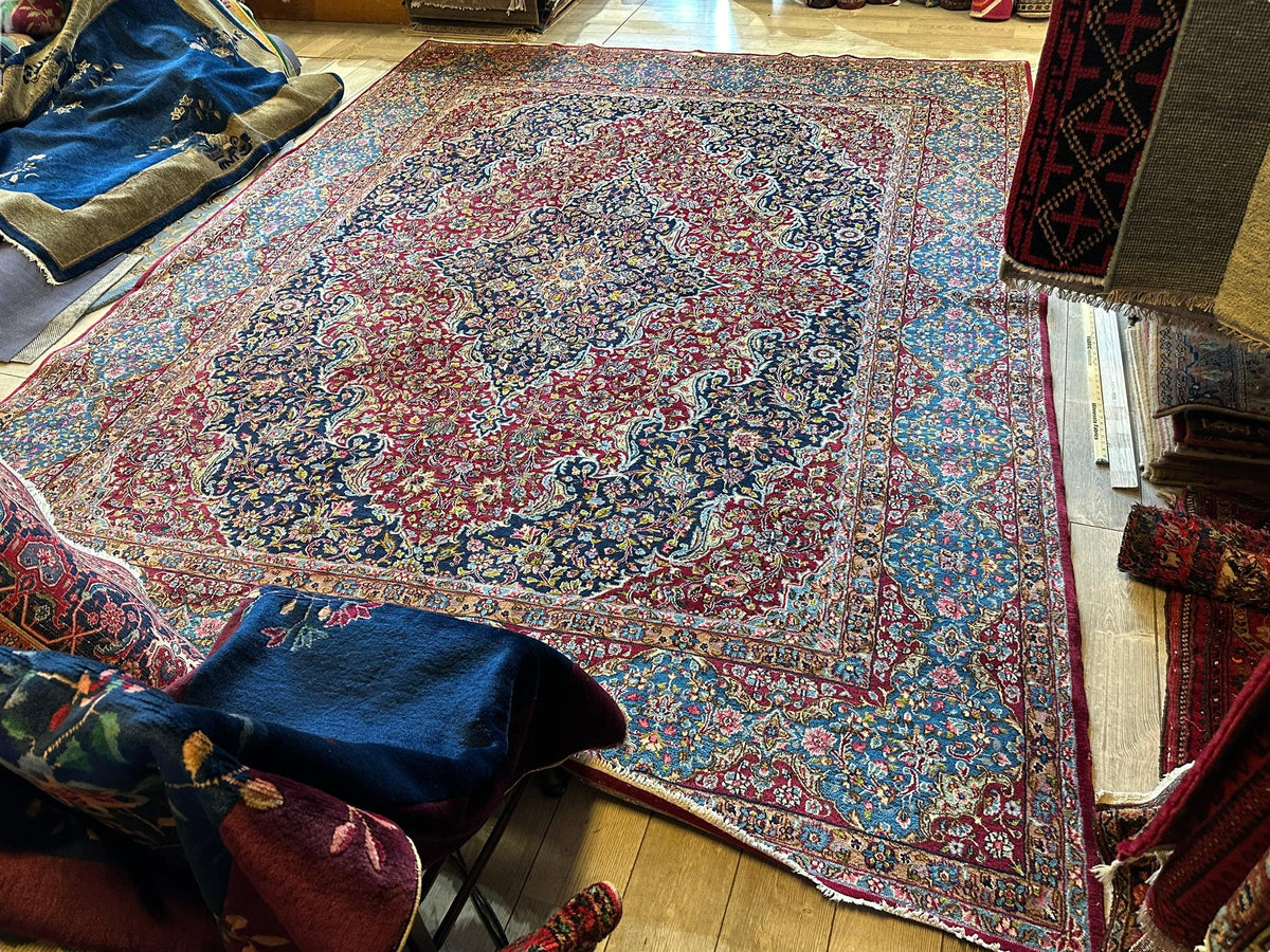 Vintage Persian Rug 10x13 | Red, Navy & Light Blue | Hand-Knotted Wool - Rugistan, view 26