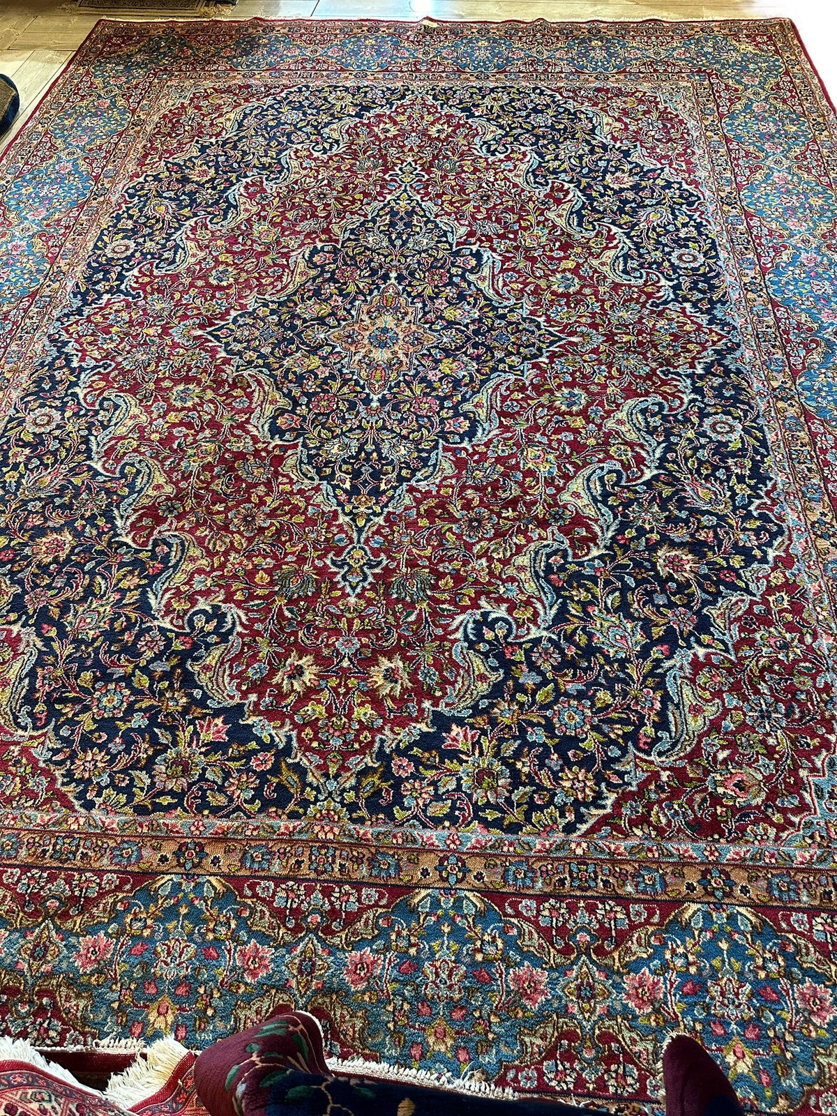 Vintage Persian Rug 10x13 | Red, Navy & Light Blue | Hand-Knotted Wool - Rugistan, view 6