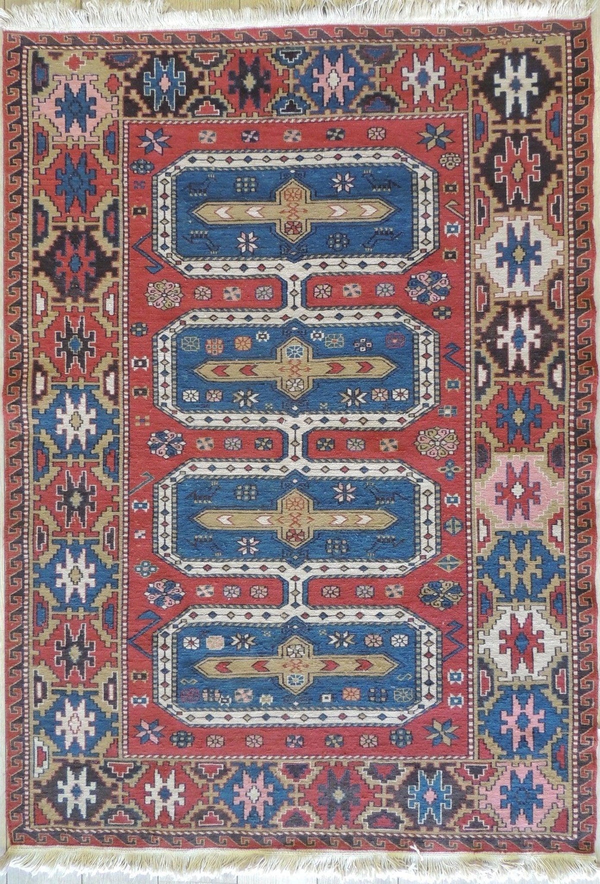 Vintage Persian Soumak Rug 4x6 | Red, Blue & Ivory | Hand-Woven Wool Flatweave - Rugistan