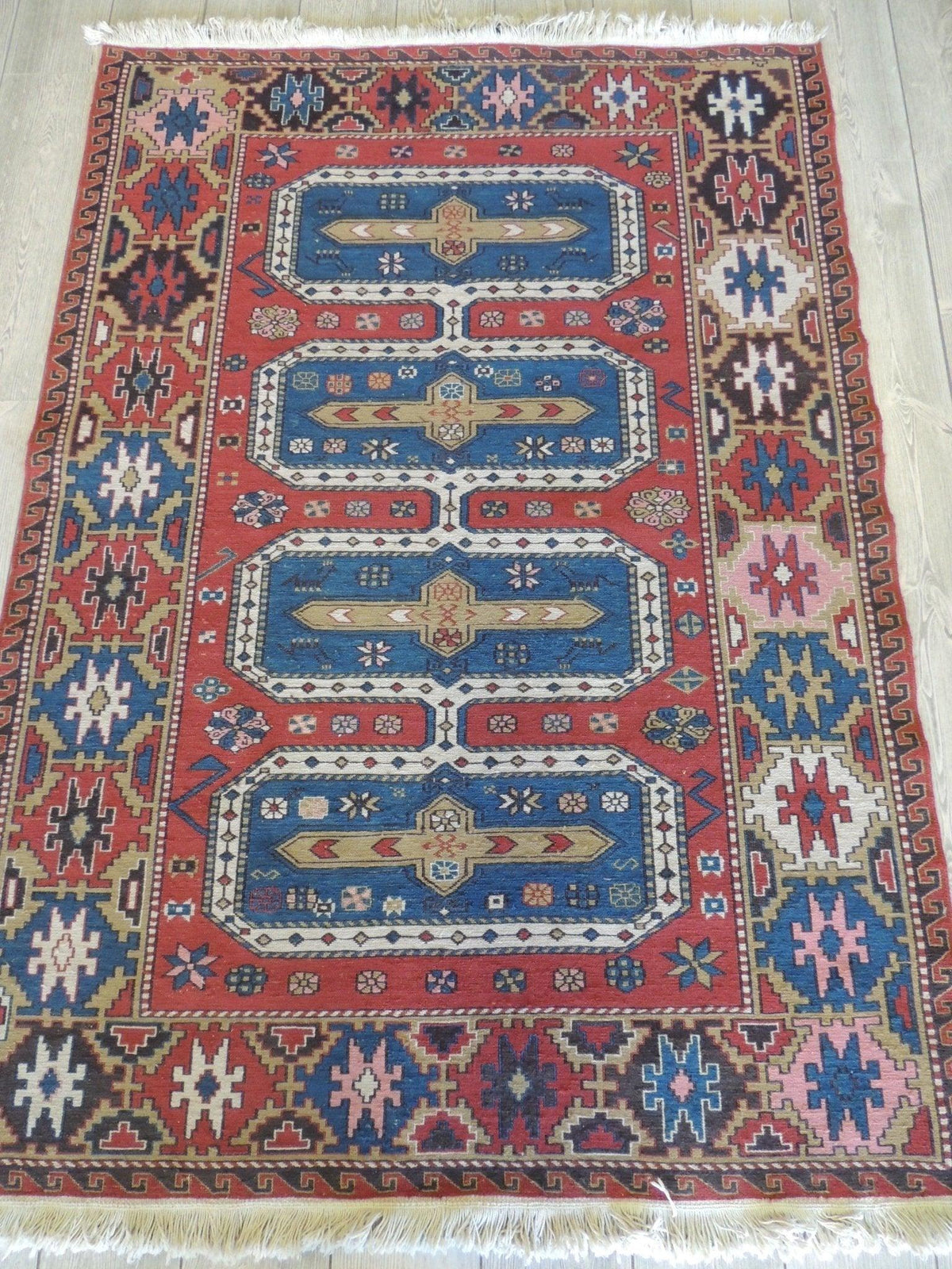 Vintage Persian Soumak Rug 4x6 | Red, Blue & Ivory | Hand-Woven Wool Flatweave - Rugistan, view 2