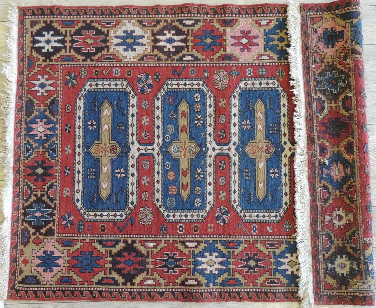 Vintage Persian Soumak Rug 4x6 | Red, Blue & Ivory | Hand-Woven Wool Flatweave - Rugistan, view 4