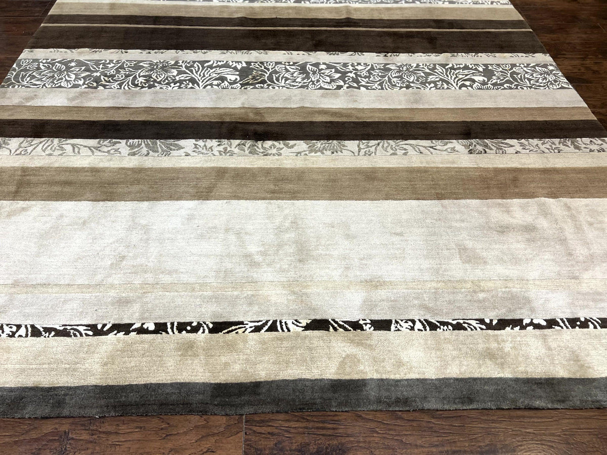 Modern Tibetan Nepali Rug 8x12, Stripe Pattern, Wool with Silk Highlights, Handmade, Beige Tan Brown - Jewel Rugs, view 4