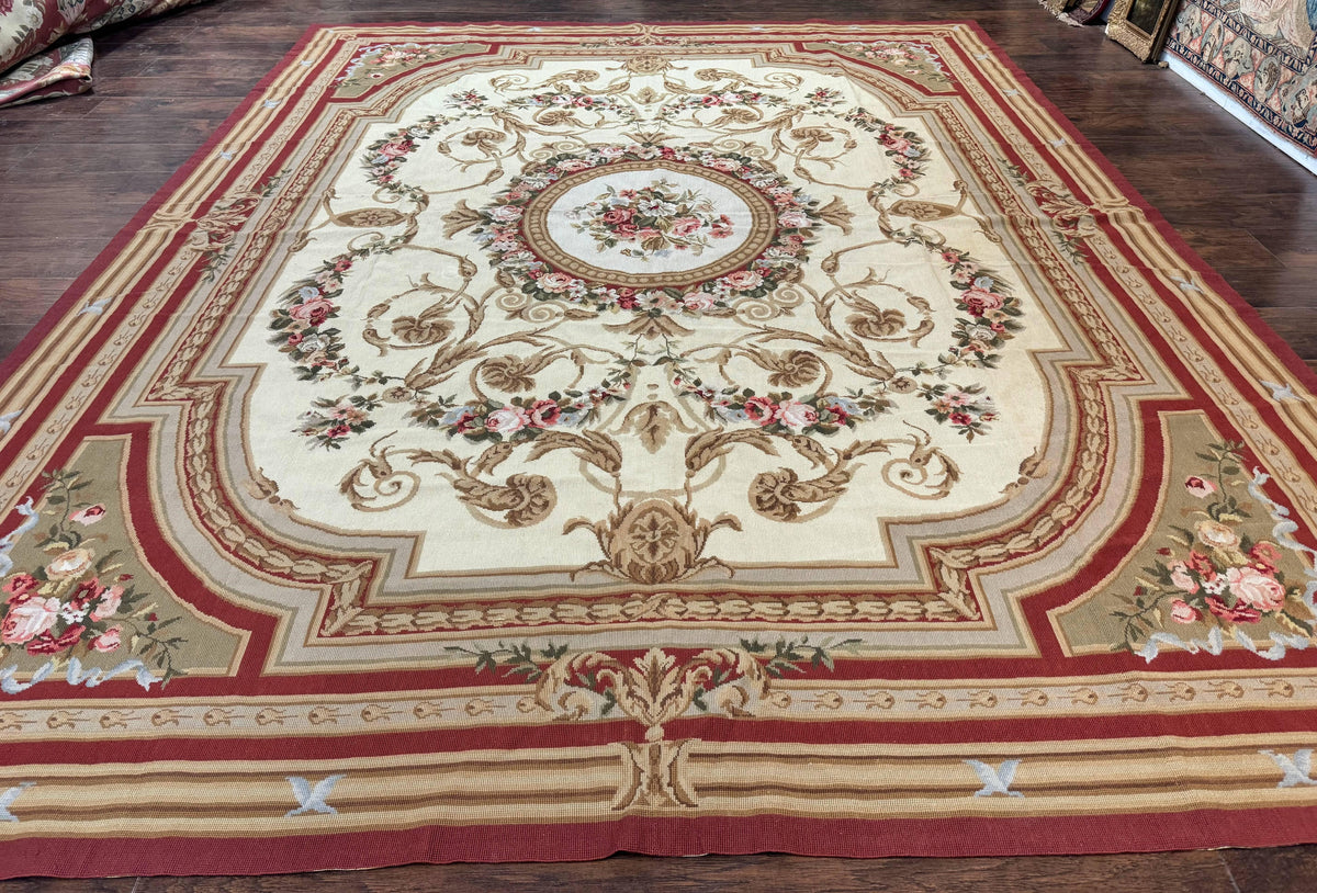 Aubusson Needlepoint Rug 9x11, Handmade Vintage Wool Flatweave Carpet, Elegant European Rug, Floral, Cream - Jewel Rugs, view 2