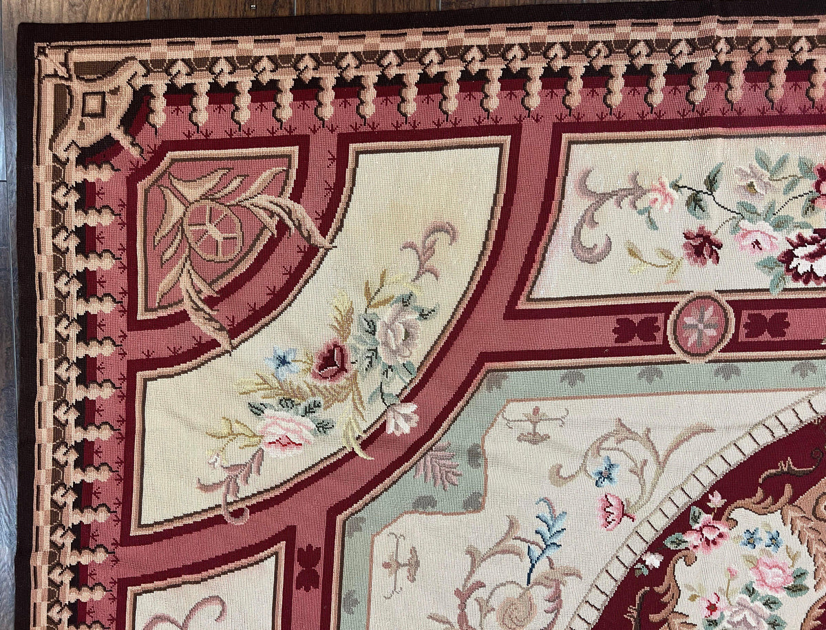 Needlepoint Rug 7.9 x 9, Beige Maroon Rose, Handmade Handwoven Flatweave Aubusson Savonnerie French European Elegant Carpet, Wool Rug - Jewel Rugs, view 7