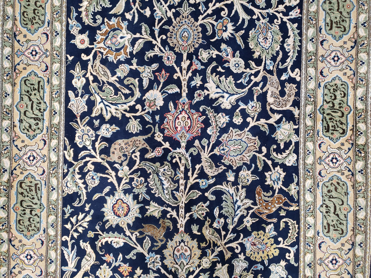 Semi Antique Persian Qum Tree of Life Rug, Hand-Knotted, Wool, Midnight Blue and Tan, Animal Pictorials, Written Poem in Borders, 4' 8" x 7' 8" - Jewel Rugs, view 4