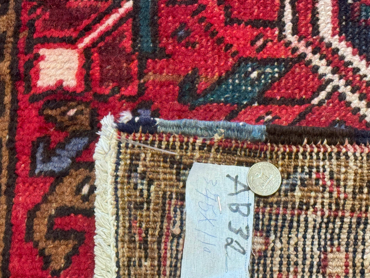 Persian Heriz Karajeh Runner Rug 3.7 x 12, Geometric Medallions, Red and Navy Blue - Jewel Rugs, view 11