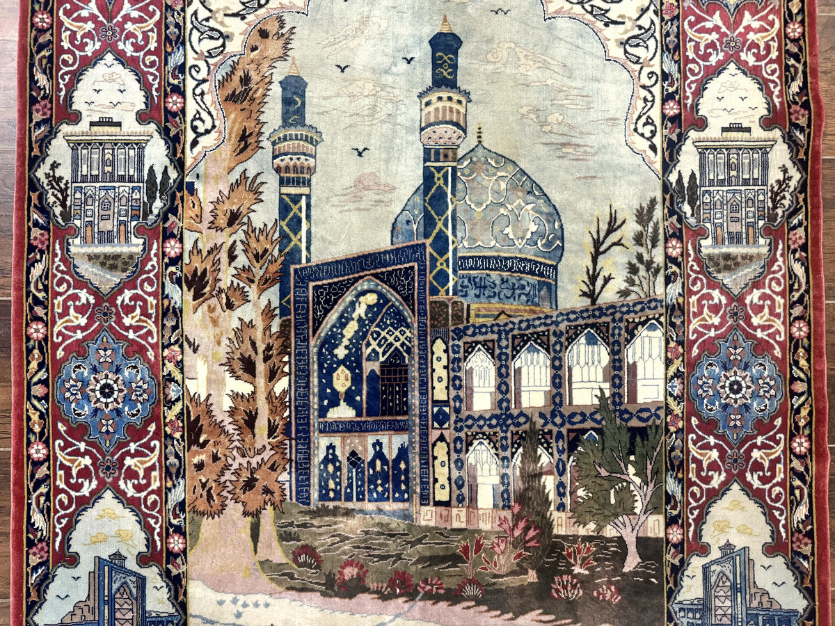 Persian Isfahan Pictorial Rug 3.6 x 5.7, Very Fine 400 KPSI, Historical Buildings, Signed By Masterweaver, Handmade - Jewel Rugs, view 5