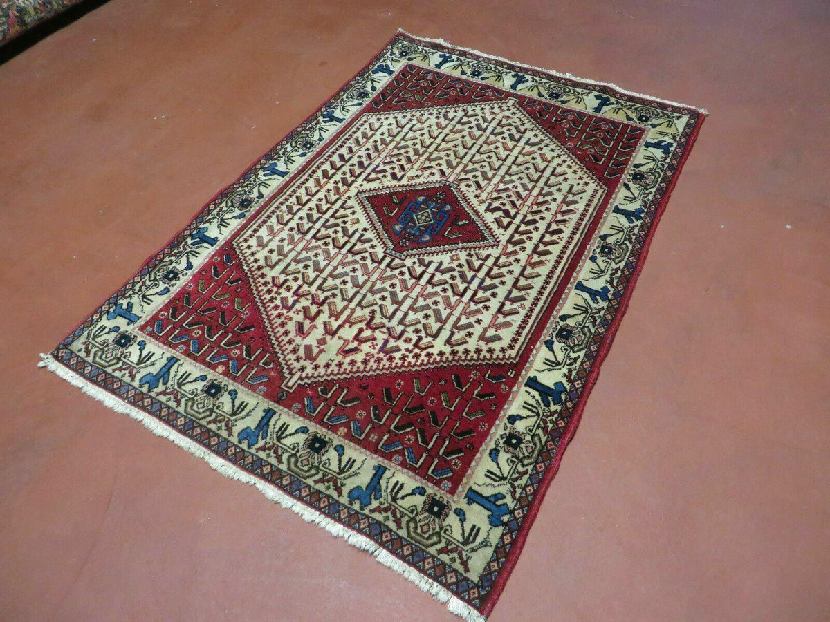 3' X 5' Vintage Handmade India Geometric Oriental Wool Rug Nice Birds Ivory Red - Jewel Rugs, view 3