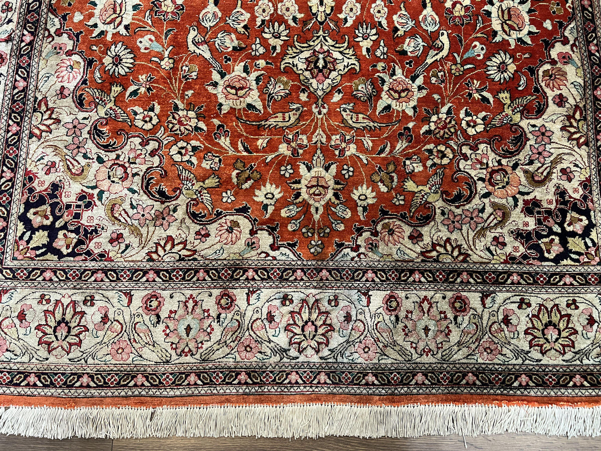 Persian Qum Silk Rug 5x7 - Floral Medallion, Birds, Orange-Red - Jewel Rugs, view 5