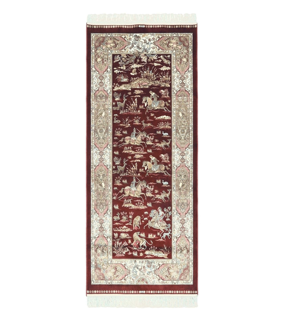 Turkish Silk Rug 2.6 x 6.7, Hunting Design, Short Runner Rug, Red & Ivory, Bamboo Silk, New - Jewel Rugs
