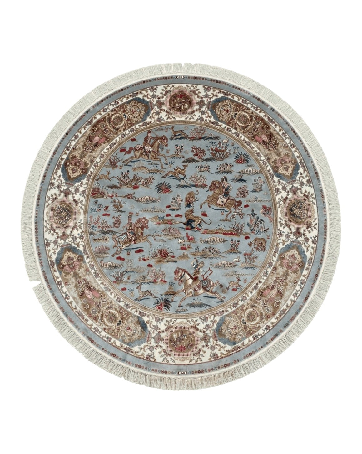 Round Silk Rug 6x6, Hunting Design, Bamboo Silk, Animal Pictorials - Jewel Rugs