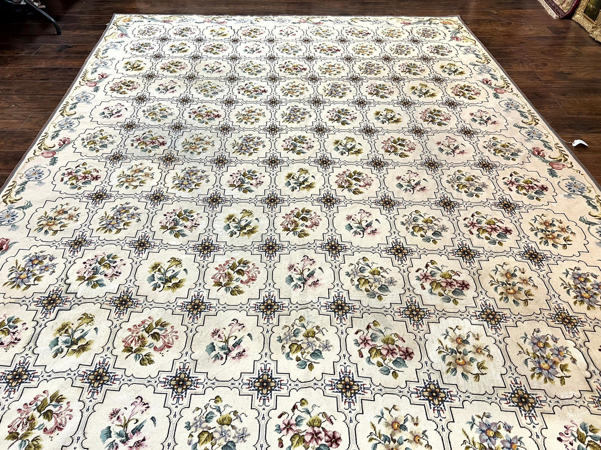 Needlepoint Rug 10x14, Wool Handmade Vintage Needlepoint Carpet, Floral Panel Design, Ivory/Cream - Jewel Rugs, view 7