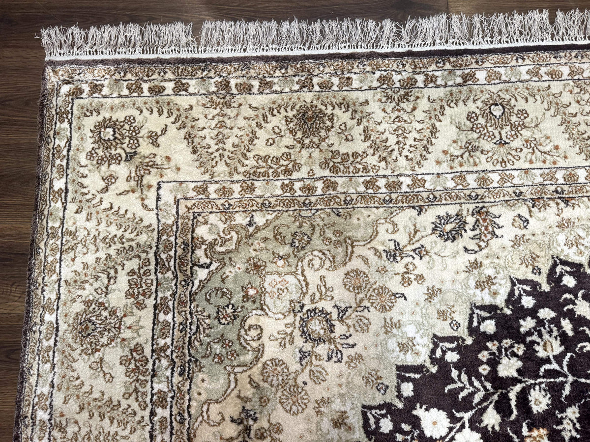 Indian Kashmiri Silk Rug 10x14, Floral Medallion - Jewel Rugs, view 6