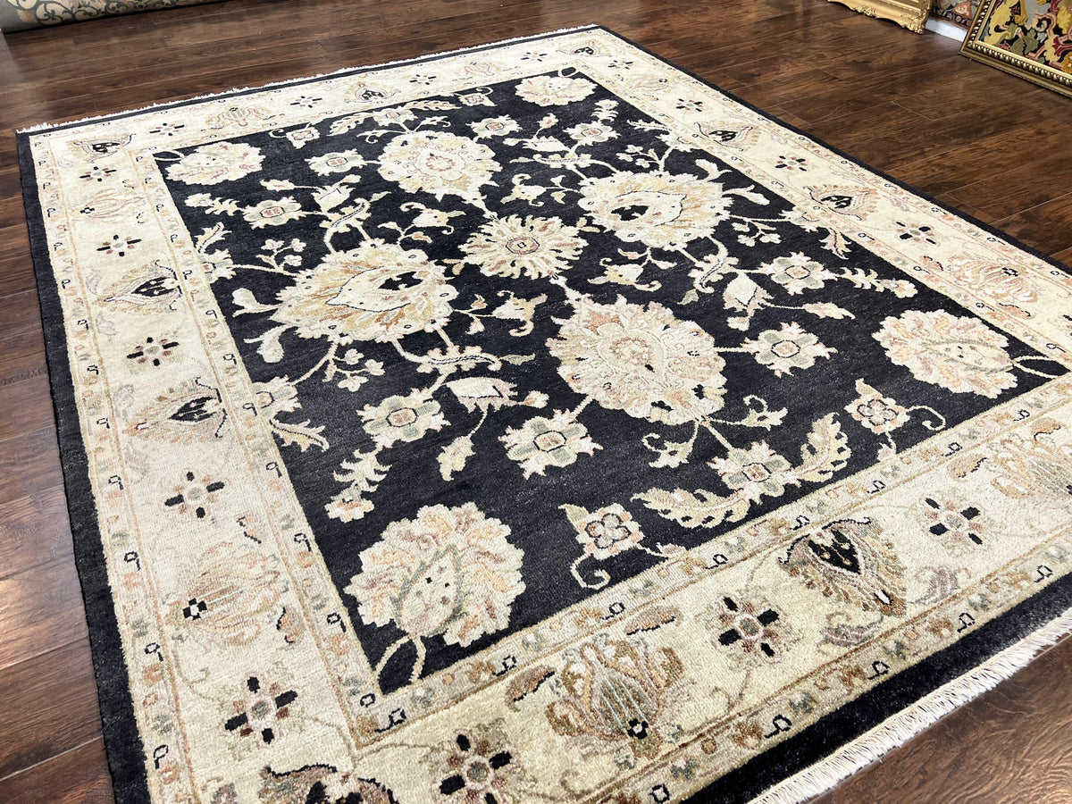Indo Mahal Rug 8x10, Black and Beige, Vintage Rug 8 x 10 ft, Floral, Handmade Wool Carpet - Jewel Rugs, view 13