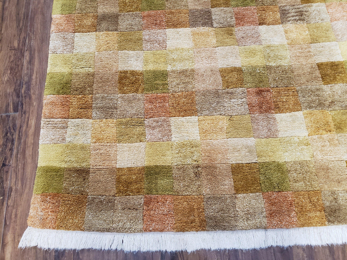 4x6 Tibetan Rug, Modern Abstract Handmade Area Rug, Checkerboard Pattern, Neutral Ivory Gold Tan Colors, Soft Pile, Mid Sized Rug, Nepali - Jewel Rugs, view 9