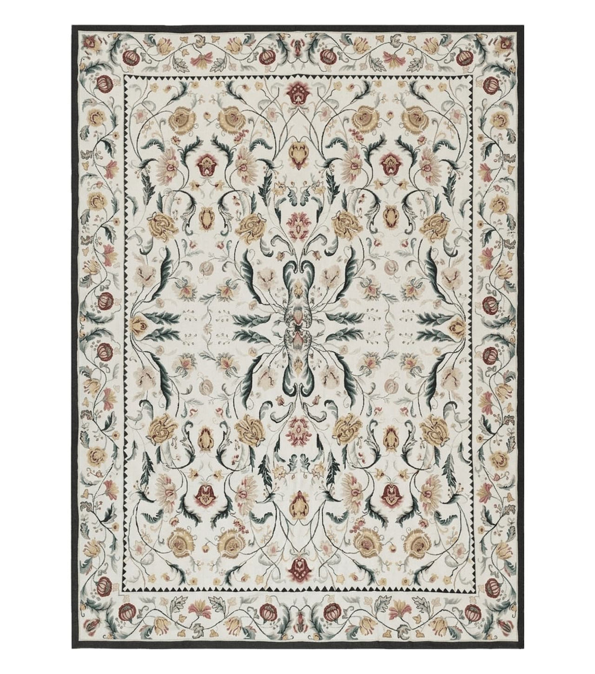 New Needlepoint Rug 9x12, Hand Woven Wool Area Rug, Flatweave Carpet, Handmade Chinese Needlepoint, Floral European Design, Ivory Background - Jewel Rugs