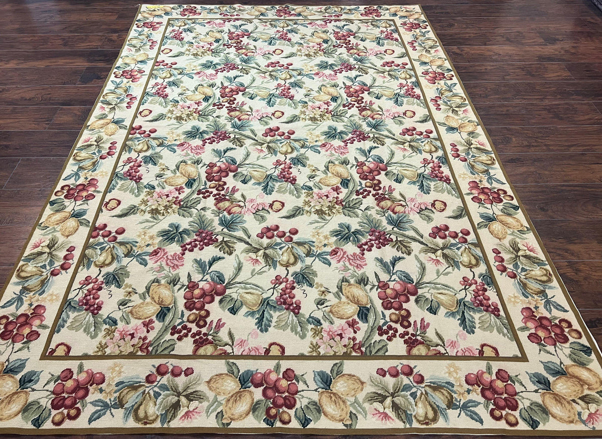 Floral Needlepoint Rug 6x9, Fruits Grapes Allover Floral Design, Beige/Cream Colorful Wool Vintage Needlepoint Carpet, Needlepoint Area Rug - Jewel Rugs, view 2