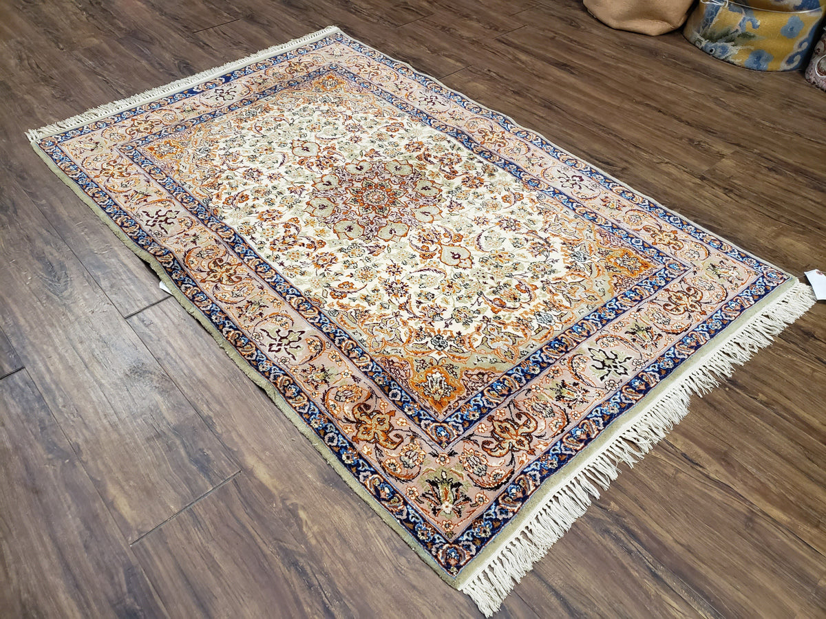 Vintage Persian Isfahan Lachak Toranj Rug, Highly Detailed, Kork Wool on Silk Foundation, Beige and Dark Blue, Hand-Knotted, 3'6" x 5' 4" - Jewel Rugs, view 12