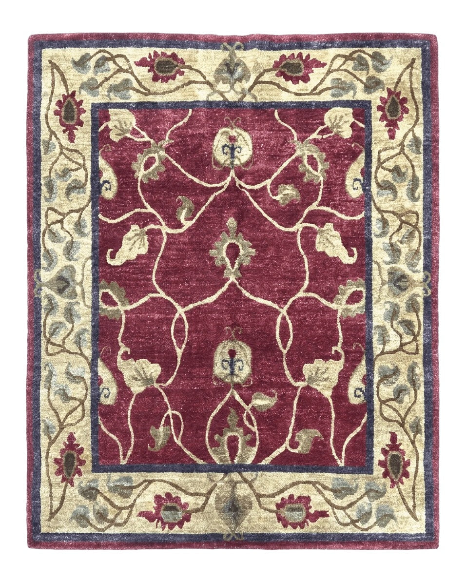Tibetan Aubusson Rug 8x10, Maroon and Beige, Floral, Handmade, Wool, Vintage, Traditional Rug - Jewel Rugs