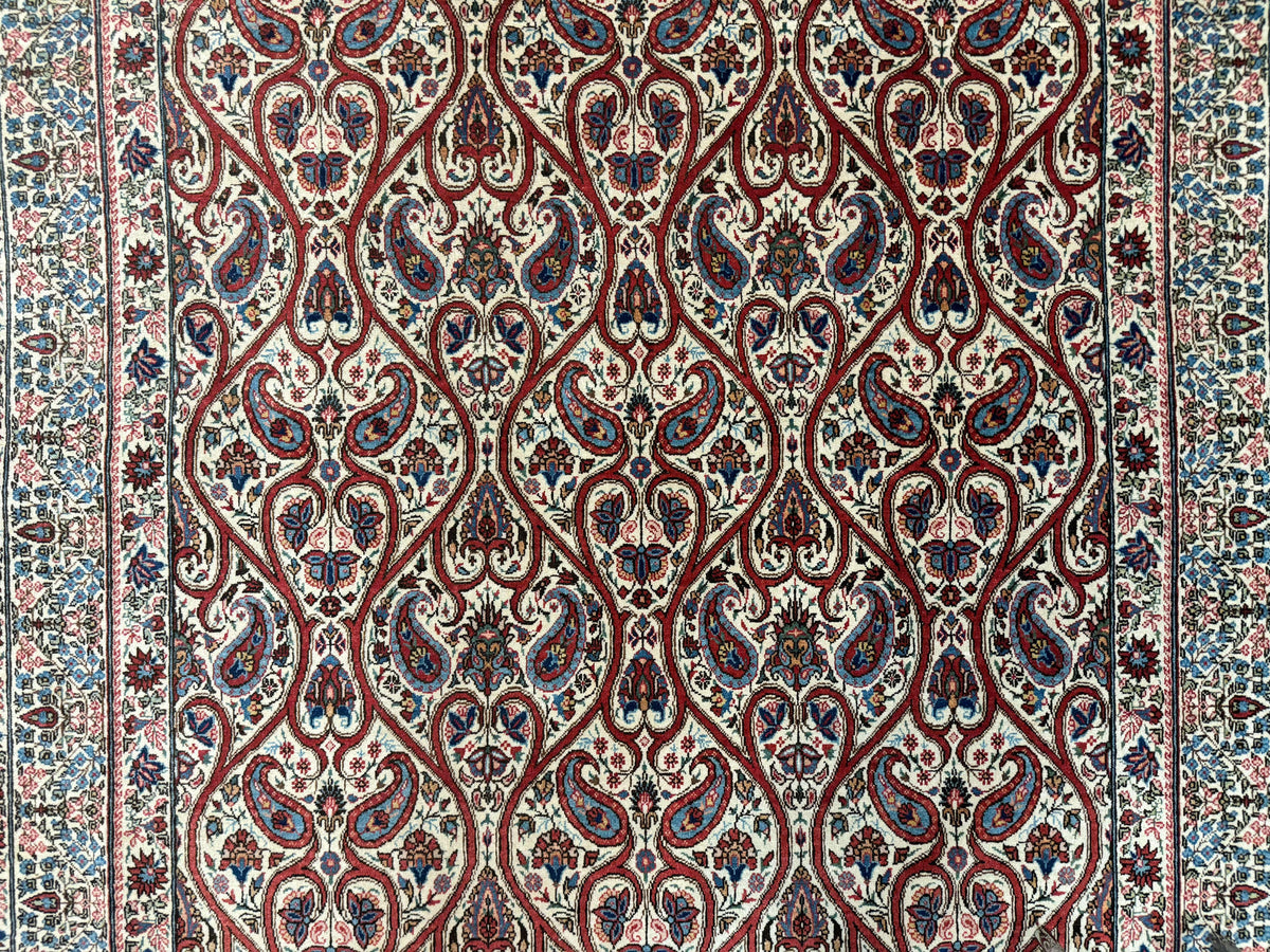 Unique Persian Qum Rug 5x7, Repeated Paisely Boteh Design, Ivory Red Blue, Handmade Antique Wool Persian Carpet, Finely Hand Knotted - Jewel Rugs, view 5