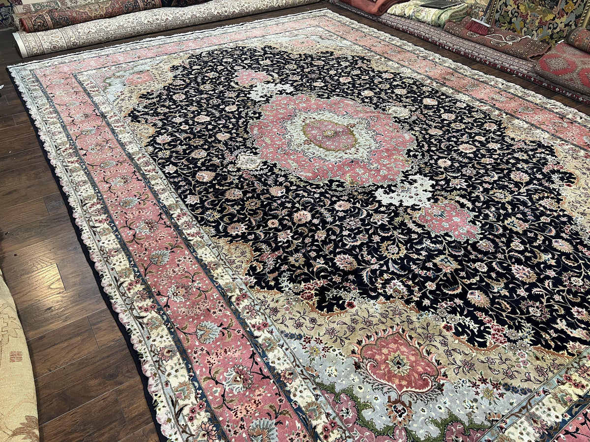 Magnificent Persian Tabriz Rug 11x16, Oversized Persian Carpet 11 x 16 ft, Wool on Silk Finely Hand Knotted, 450 KPSI, Floral Medallion, Black Pink - Jewel Rugs, view 12