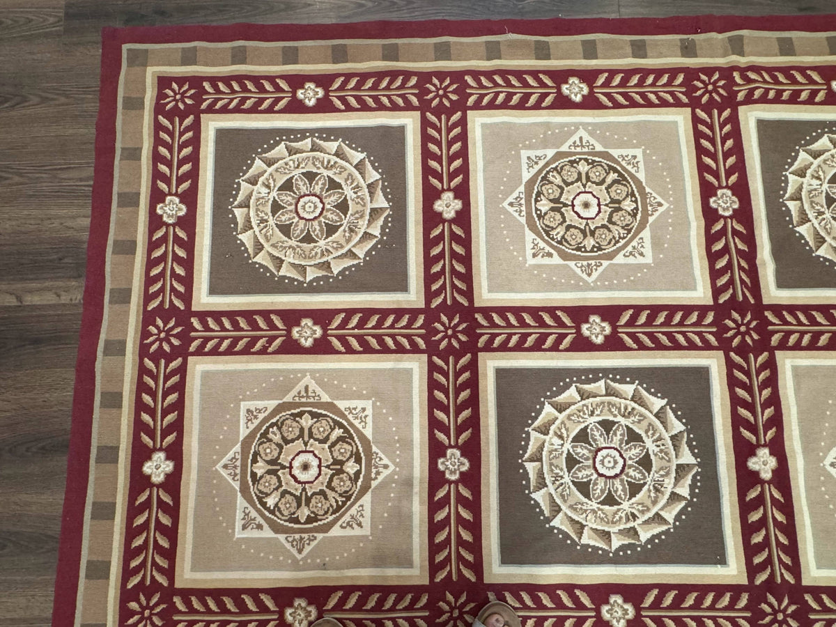 Needlepoint Rug 9x12, Panel Design, Burgundy Taupe, Elegant - Jewel Rugs, view 7