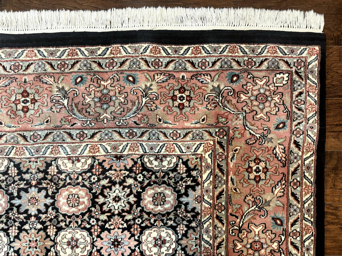 Indo Persian Rug 9x12, Vintage Handmade Wool Carpet, Repeated Allover Motif, Navy Blue and Pink - Jewel Rugs, view 8