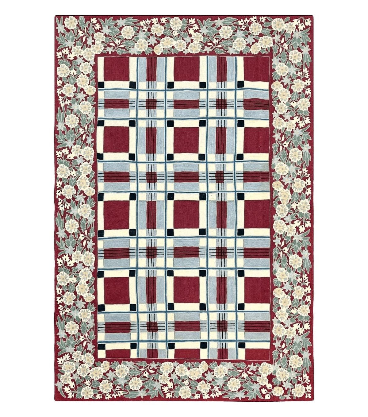 Indian Hand Stitched Rug 4x6, Vintage Carpet, Checkerboard Floral Pattern, Maroon Ivory, Flatweave, Wool - Jewel Rugs