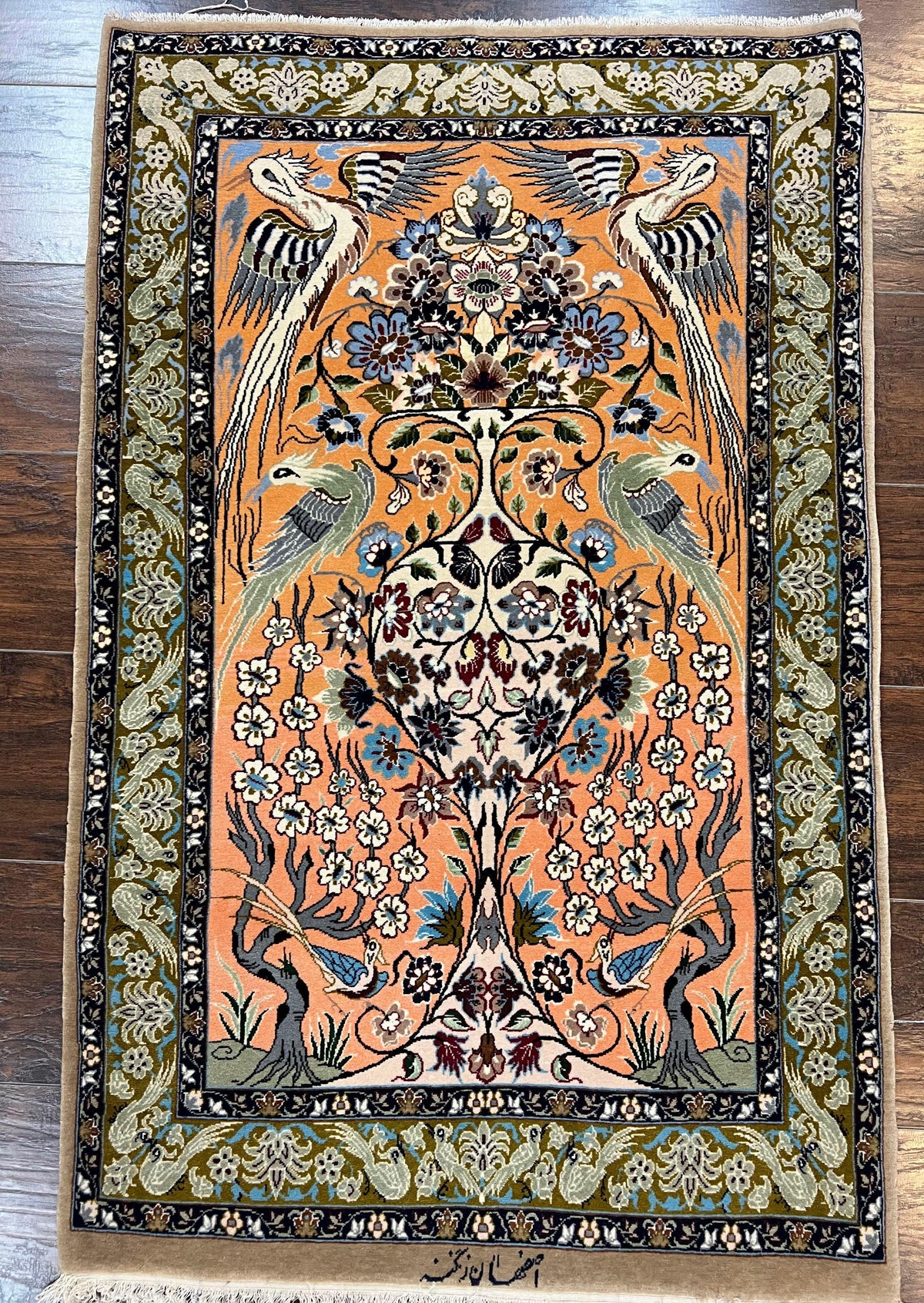 Very Fine Small Persian Isfahan Rug 2.6 x 4, Kork Wool on Silk Hand-Knotted Vintage Animal Pictorials Birds Vase, Signature Masterweaver, Orange - Jewel Rugs, view 2
