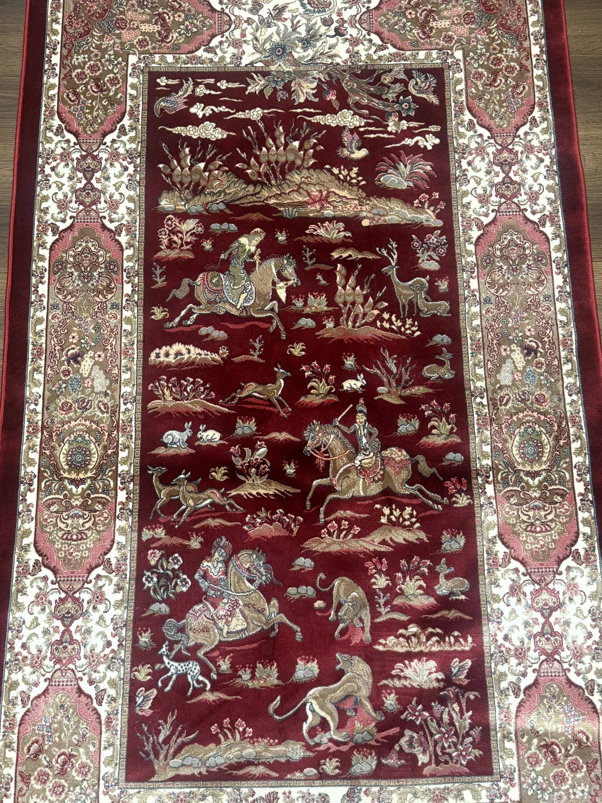 Turkish Silk Rug 3x5, Hunting Design, Dark Red & Ivory, Bamboo Silk, New - Jewel Rugs, view 5