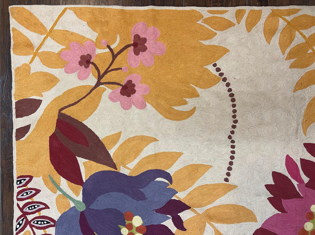Indian Chain Stitched Rug 4x6, Hand Stitched Indian Embroidery Carpet, Large Floral Design, Contemporary, Cream and Colorful Flowers, Wool - Jewel Rugs, view 7