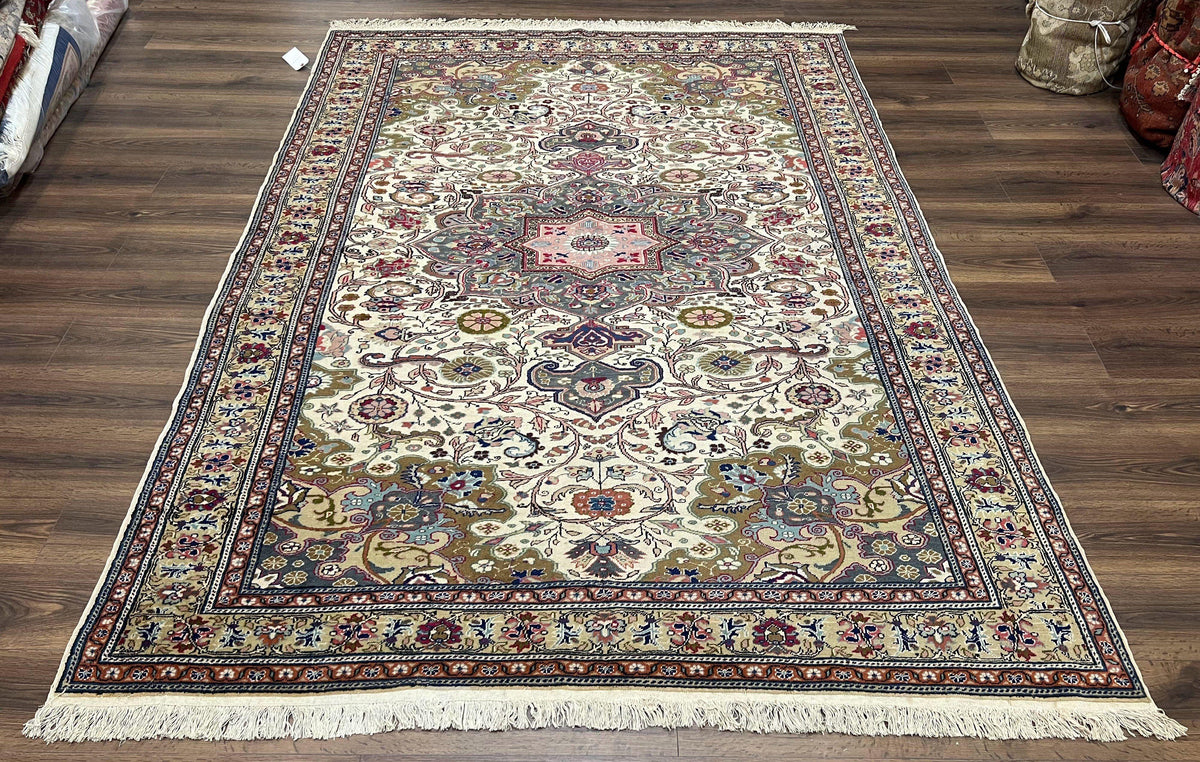 Turkish Sivas Rug 7x9, Vintage Wool Hand-Knotted Carpet, Ivory Cream Purple Tan, Floral Medallion Rug, Fine Oriental Carpet, Medium Size Rug - Jewel Rugs, view 2