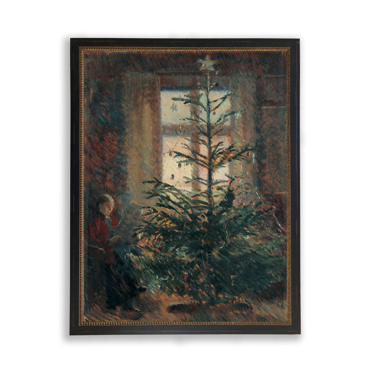 Christmas Tree Scene Reproduction Oil Painting with Beaded Frame - Antique Curiosities