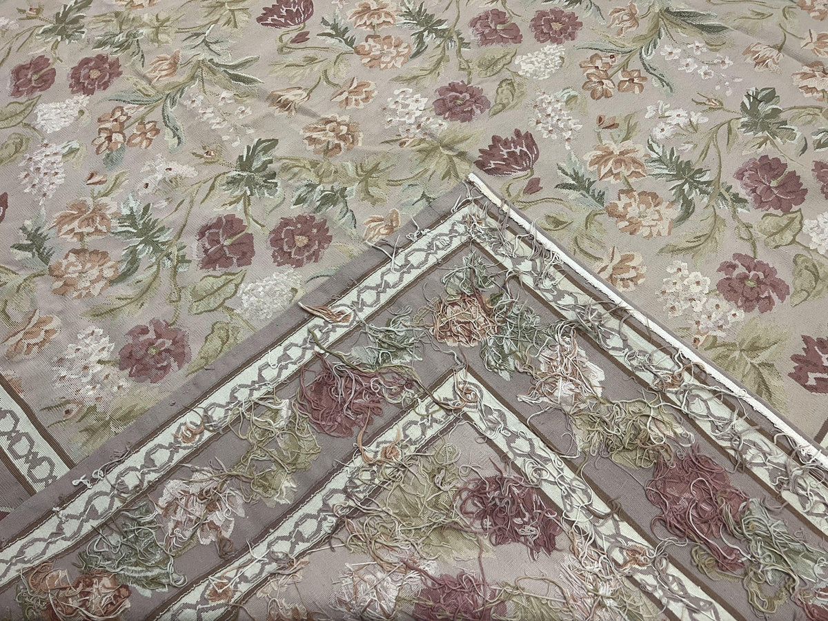 Aubusson Rug 9x12, Pink Beige Light Mauve, Handmade Allover Floral Roses, Wool Flatweave Carpet 9 x 12 ft, European French Design, Elegant - Jewel Rugs, view 11