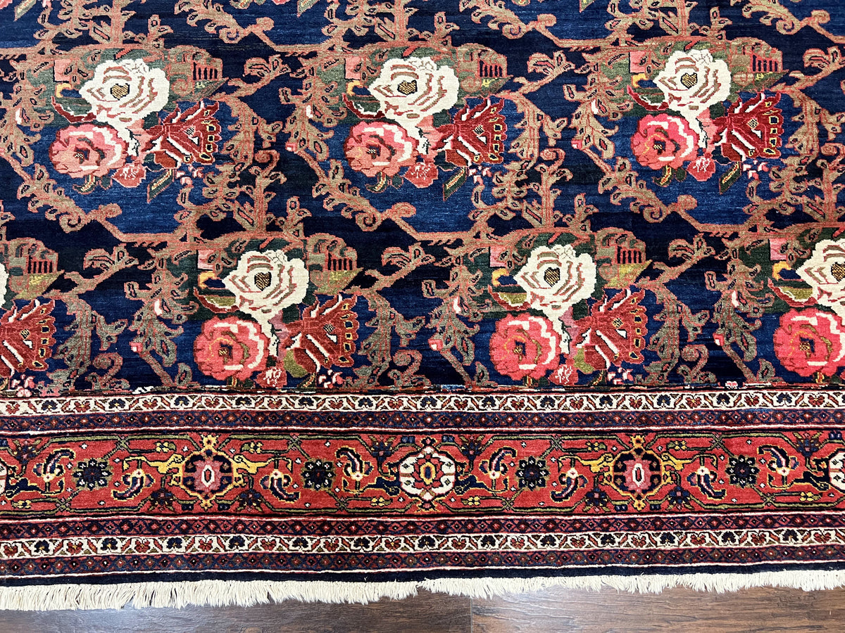 Persian Bidjar Rug 8x11, Floral Bouquets, Blue Black Red Pink, Handmade Hand Knotted Vintage Semi Antique Oriental Carpet - Jewel Rugs, view 5