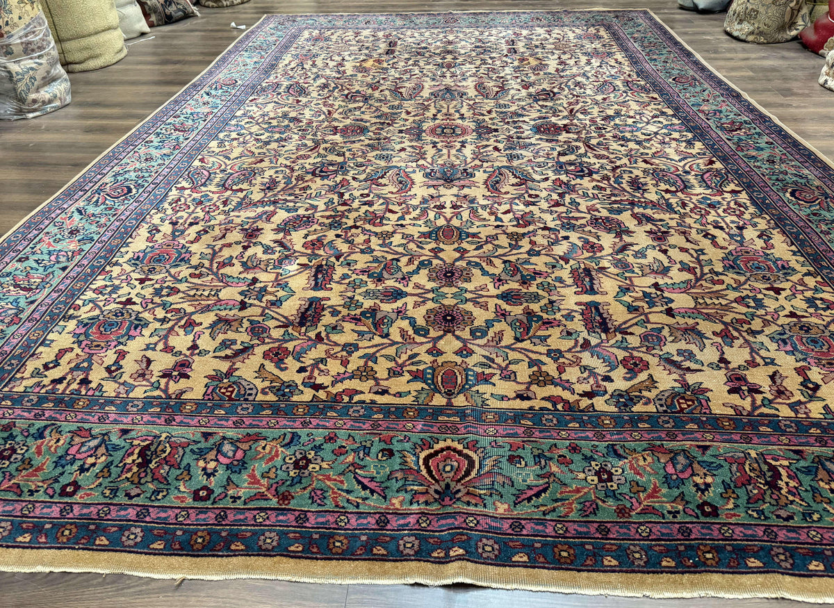 Antique Persian Rug 10x15, Camel and Cyan, Allover Pattern, Rare, Samarkand Rug - Jewel Rugs, view 2