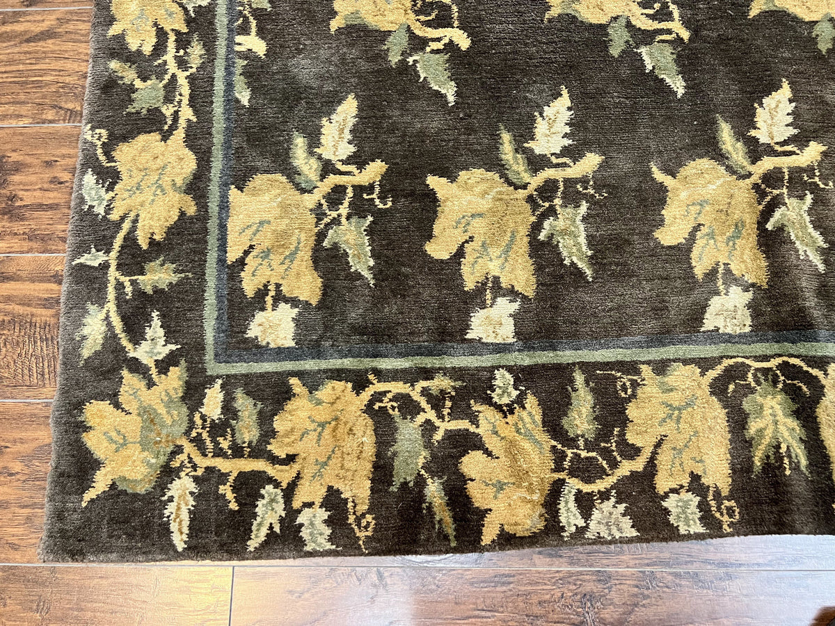Tibetan Nepal Rug 6x9, Wool Hand Knotted Vintage Carpet 6 x 9, Dark Green & Golden Yellow, Floral Bouquets - Jewel Rugs, view 9