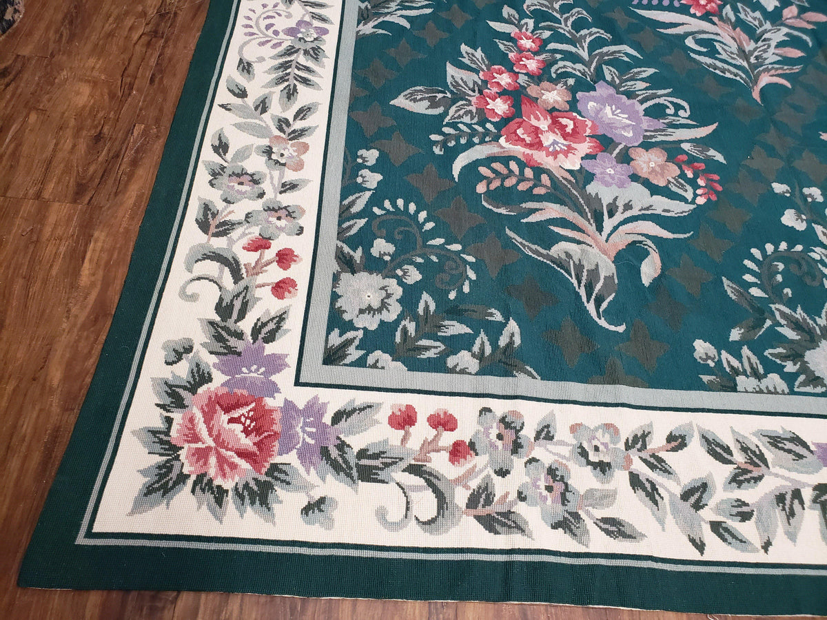 Chinese Needlepoint Rug 8x10, Vintage Green Area Rug, Hand-Woven Flatweave Floral European Design Carpet Wool Handmade 8x 10 Living Room Rug - Jewel Rugs, view 9