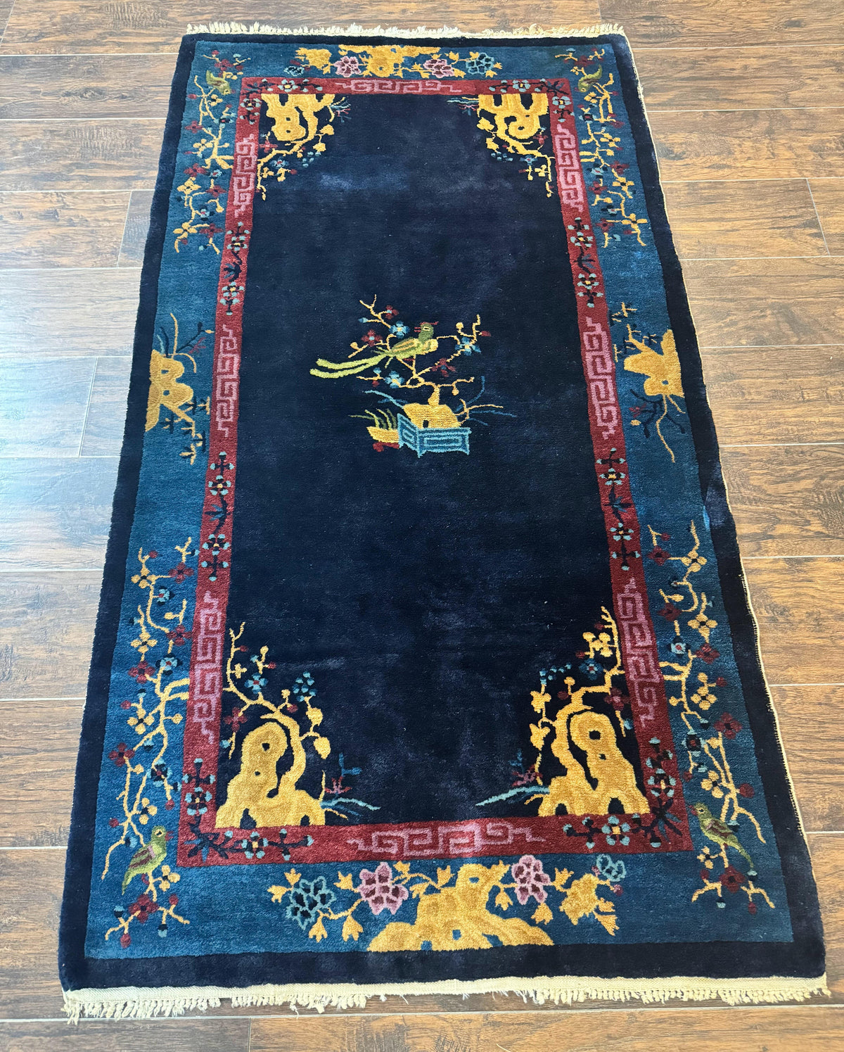 Antique Chinese Peking Rug 3x6, Dark Blue, Bird Motif, Handmade Wool Art Deco Asian Oriental Carpet, Pair B - Jewel Rugs, view 13