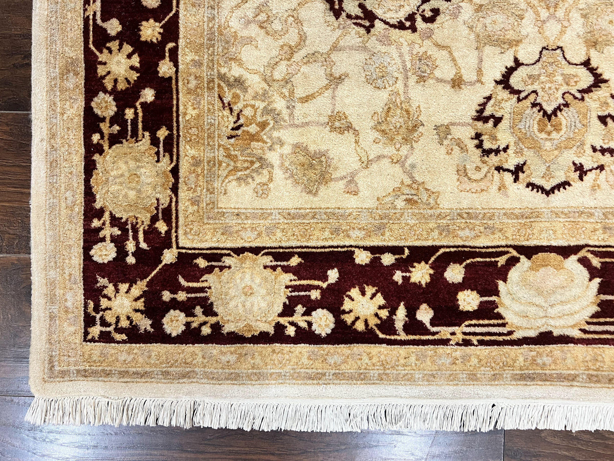 Peshawar Rug 5x7, Beige and Maroon, Vintage Handmade Wool Traditional Carpet 5 x 7 ft, Pakistani Rug, Agra Pattern, Very Fine 260 KPSI - Jewel Rugs, view 9