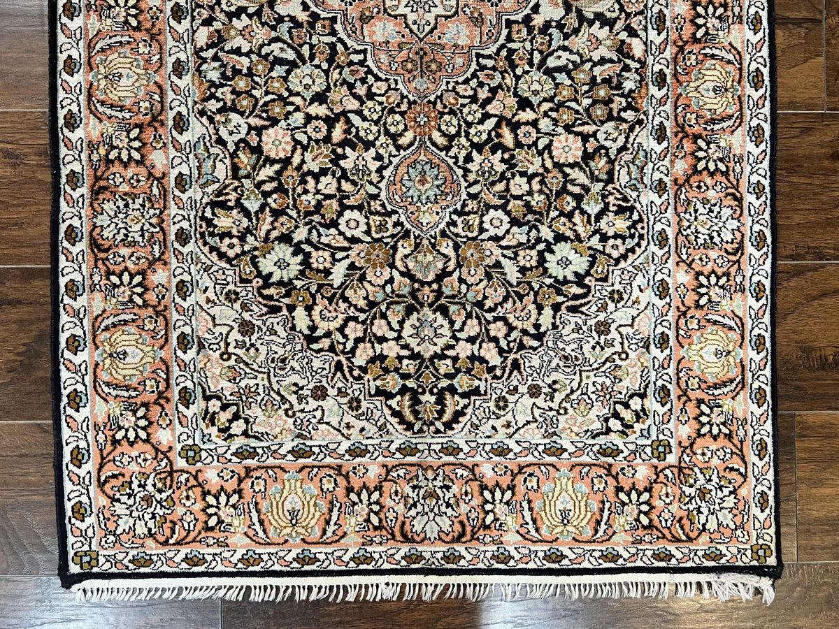 Silk Indian Kashmiri Rug 3x5, Indo Persian Silk on Silk Carpet, Very Fine 350 KPSI, Navy Blue, Handmade, Floral Medallion - Jewel Rugs, view 5