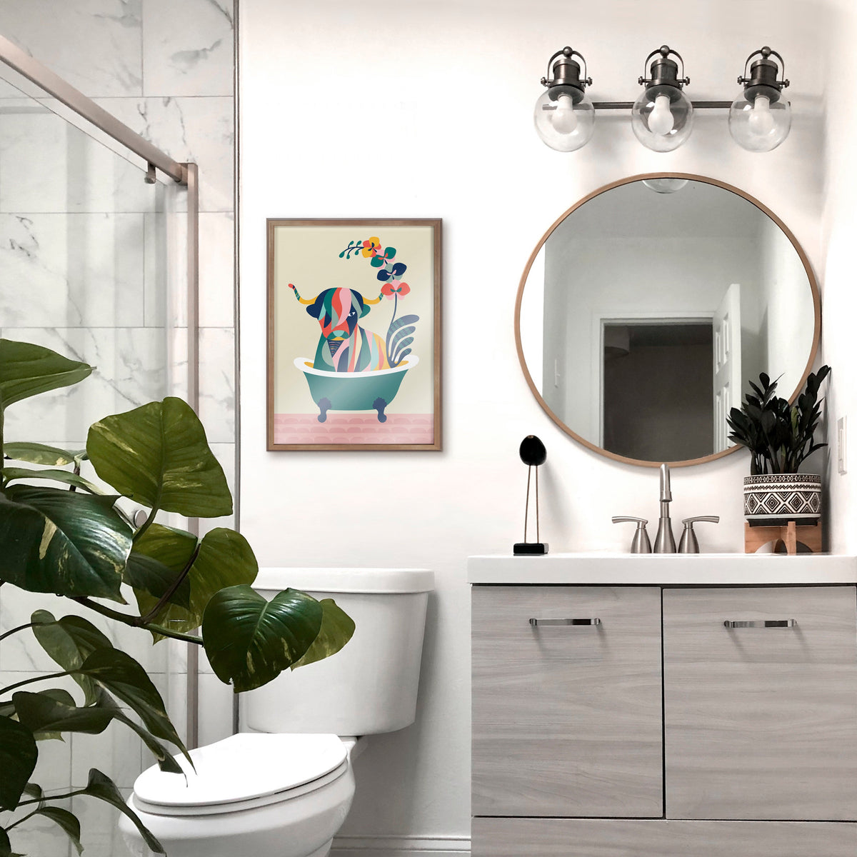 Blake Mid Century Modern Cow in Bathtub Framed Printed Glass by Rachel Lee of My Dream Wall