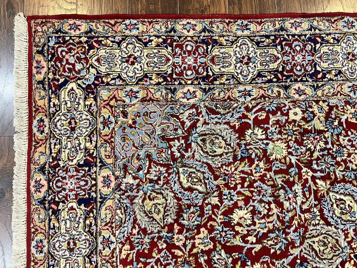Persian Kirman Rug 7x10, Hand Knotted Wool Floral Medallion Carpet, Dark Red - Jewel Rugs, view 6