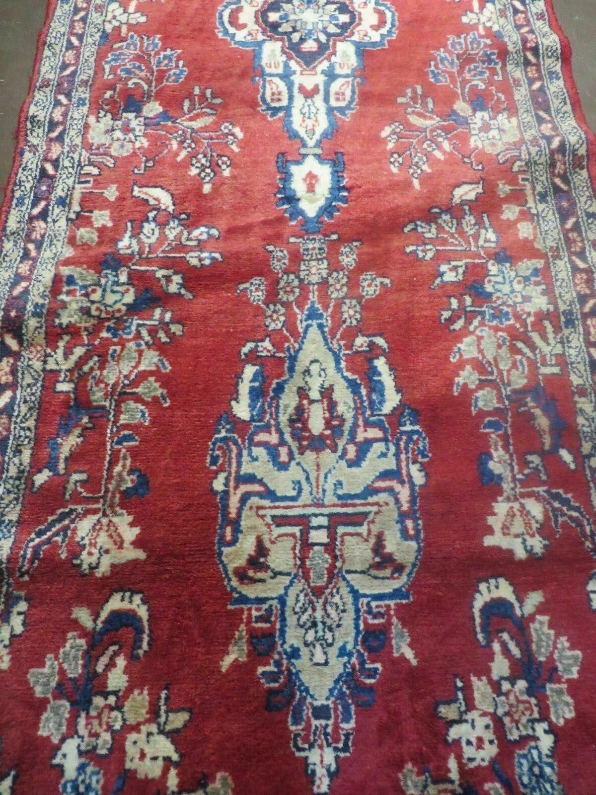 Persian Runner Rug 3 x 12, Antique Wool Oriental Runner, Floral Vases, Red & Navy Blue - Jewel Rugs, view 4